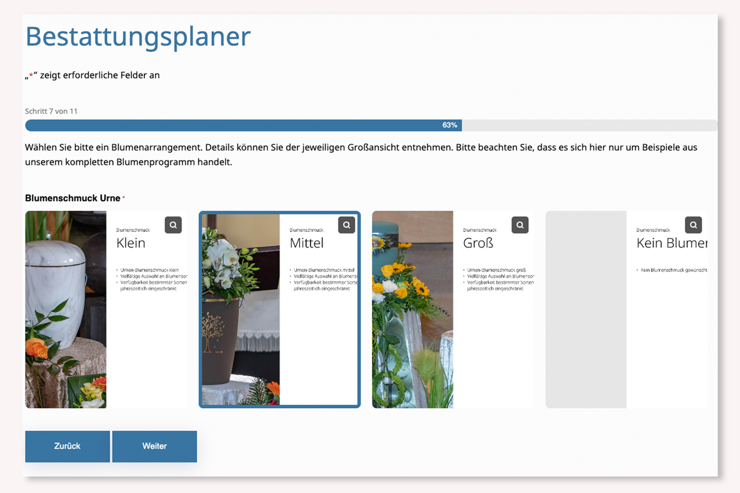 Ausschnitt des Bestattungsplaners von Bonitz-Pech mit Auswahl von Blumenschmuck